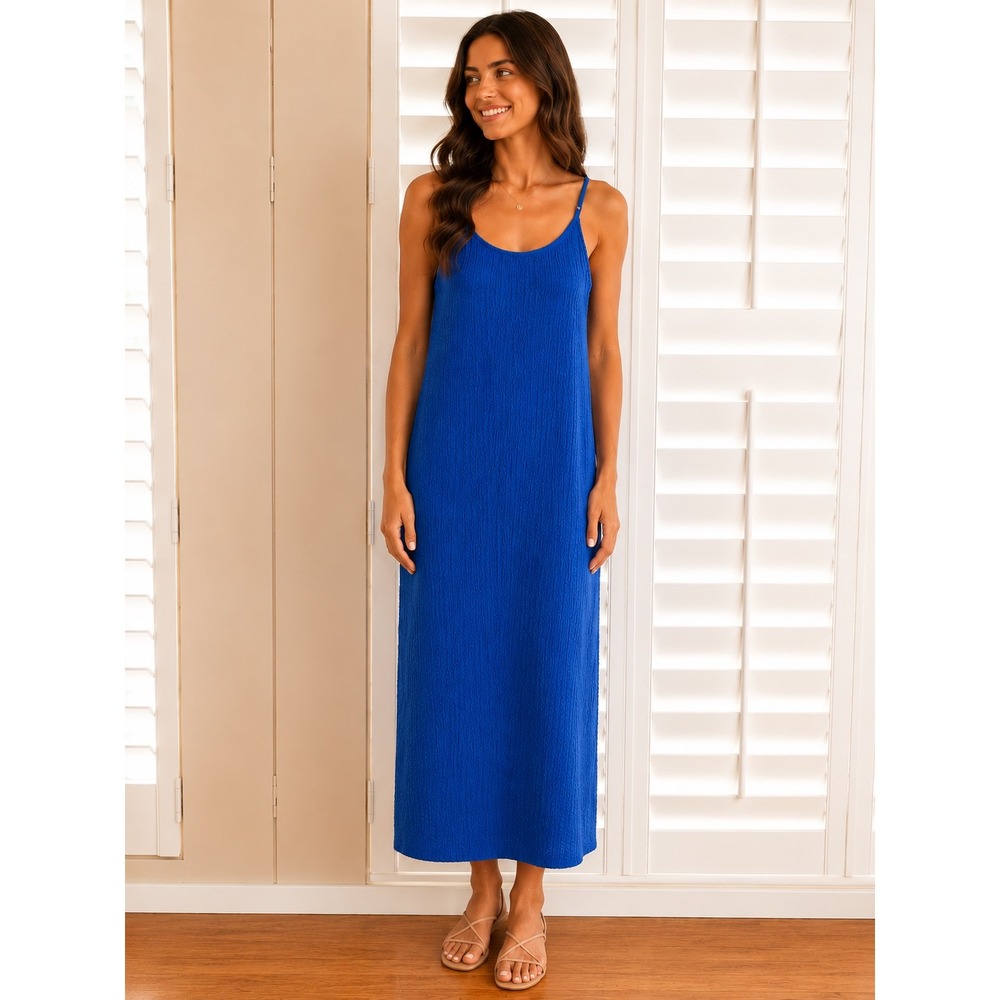 HM Royal Blue Popcorn Crinkle Maxi Dress Medium Cobalt Blue Textured Slip Dress